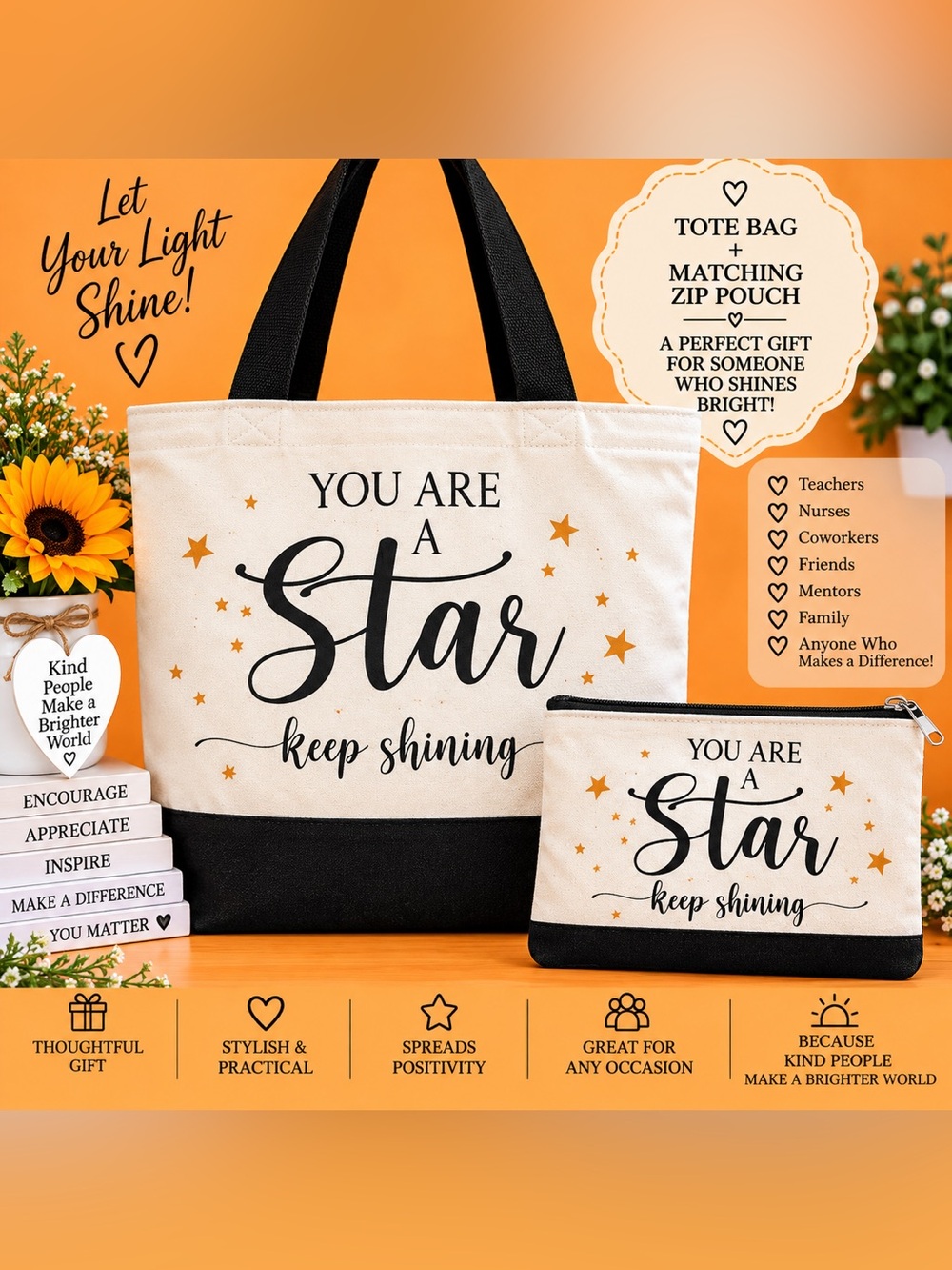 YOU ARE A Star Tote Bag and Zip Pouch Set - Cream & Black